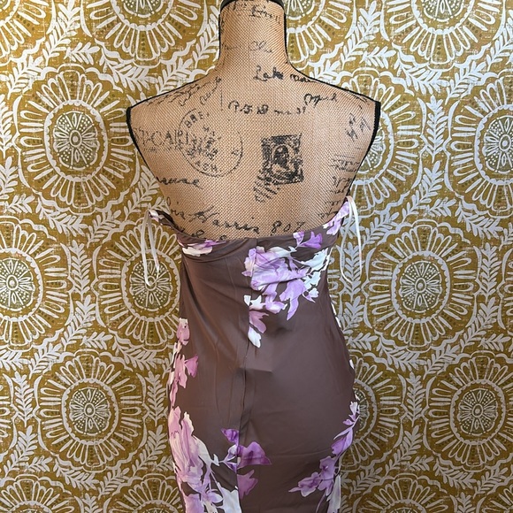 NWT Rococo Sand Stunning Satin Floral Strapless Maxi Dress Brown Pink FLAW Sz XS - Picture 4 of 16